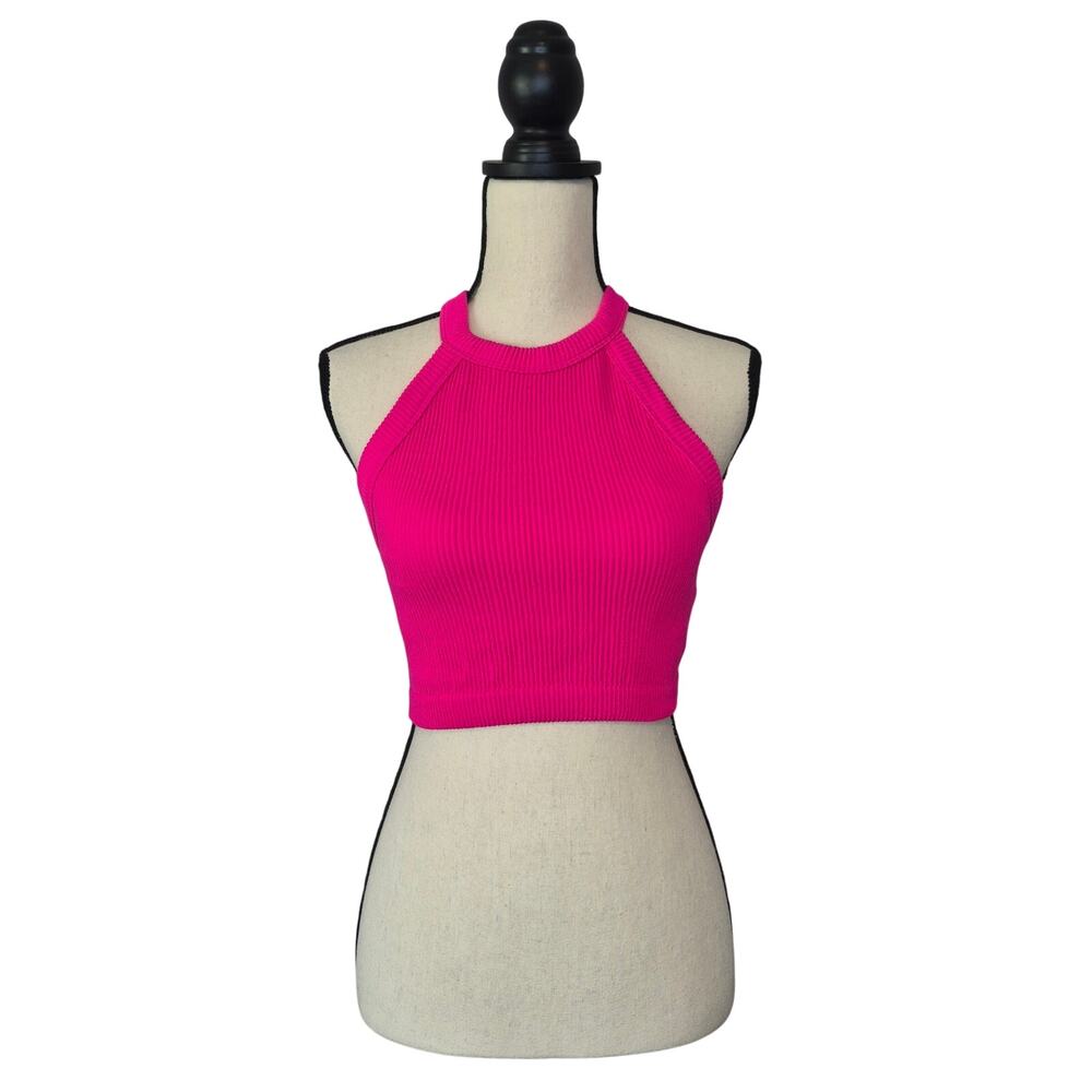 Aerie Hot Pink Ribbed Seamless High Neck Halter Crop Bra Top Cami Tank Women's M